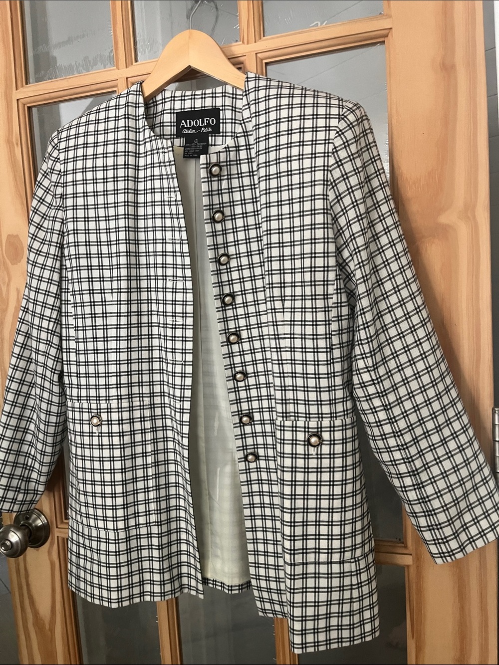 Adolfo vintage checked plaid long pearl button lightweight blazer